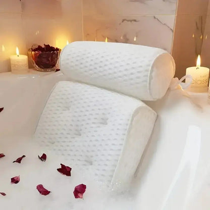 Two-Piece Bathtub Neck and Back Cushion with Six Suction Cups, Hanging Hook and White Mesh Cover