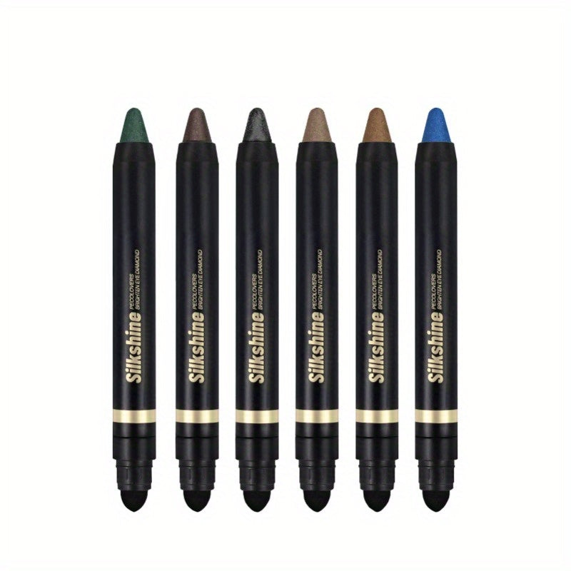 Shimmer Glitter Eyeshadow Stick Set 6 Pcs Dual-Tipped Eye Pencil with Blending Brush Creamy, for Makeup, Travel and Everyday Vanity Use