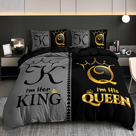 King and Queen Print Duvet Cover Set with Two Pillowcases, Three Styles and Four Bed Sizes
