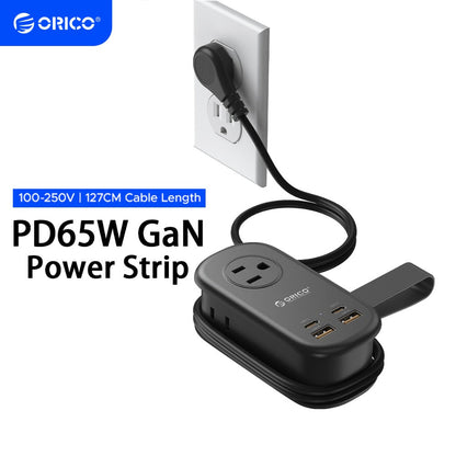 GaN 65W Portable Power Strip Fast Charging - 3 AC Outlets, 2 USB-C & 2 USB-A Ports, Flat Plug, 50-inch Cable