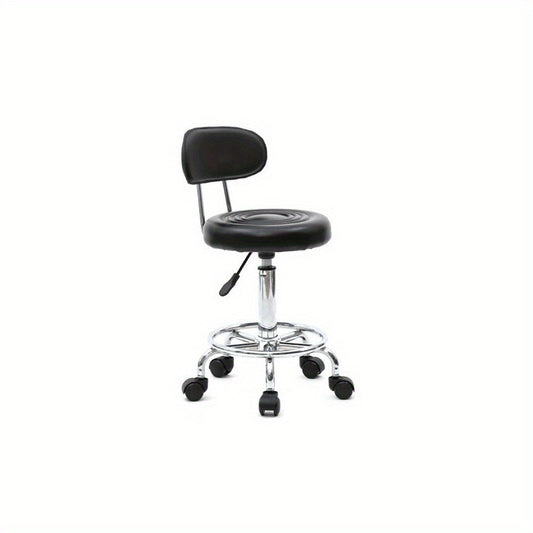 Adjustable Salon Stool with Backrest, Ring Footrest, Five Casters and Black or White Round Padded Seat