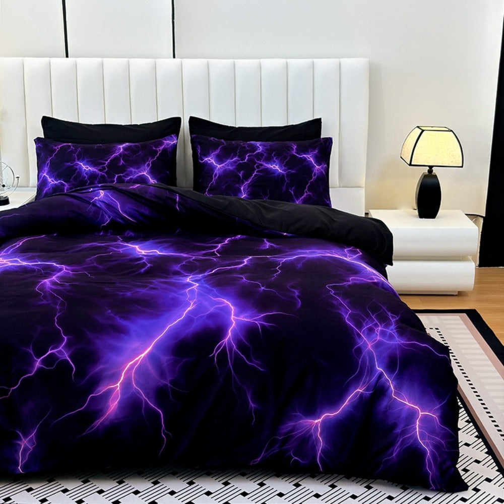 Duvet Cover Set 3 Piece Purple Lightning Digital Print – 100% Polyester Bedding Set with 2 Pillowcases, Twin Full Queen King
