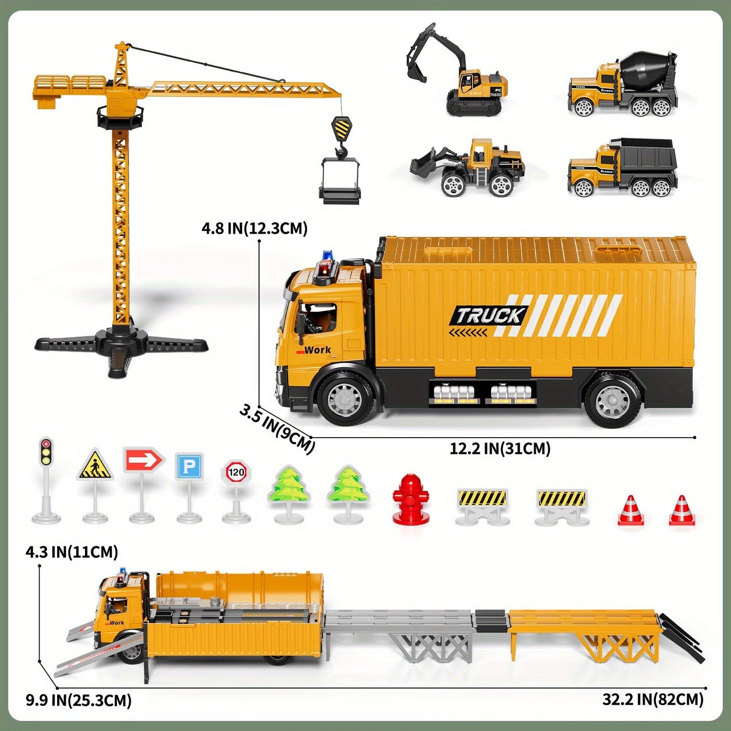 Construction Vehicle Container Truck Toy Set with Crane & Foldable Double Race Track, 4 Alloy Trucks