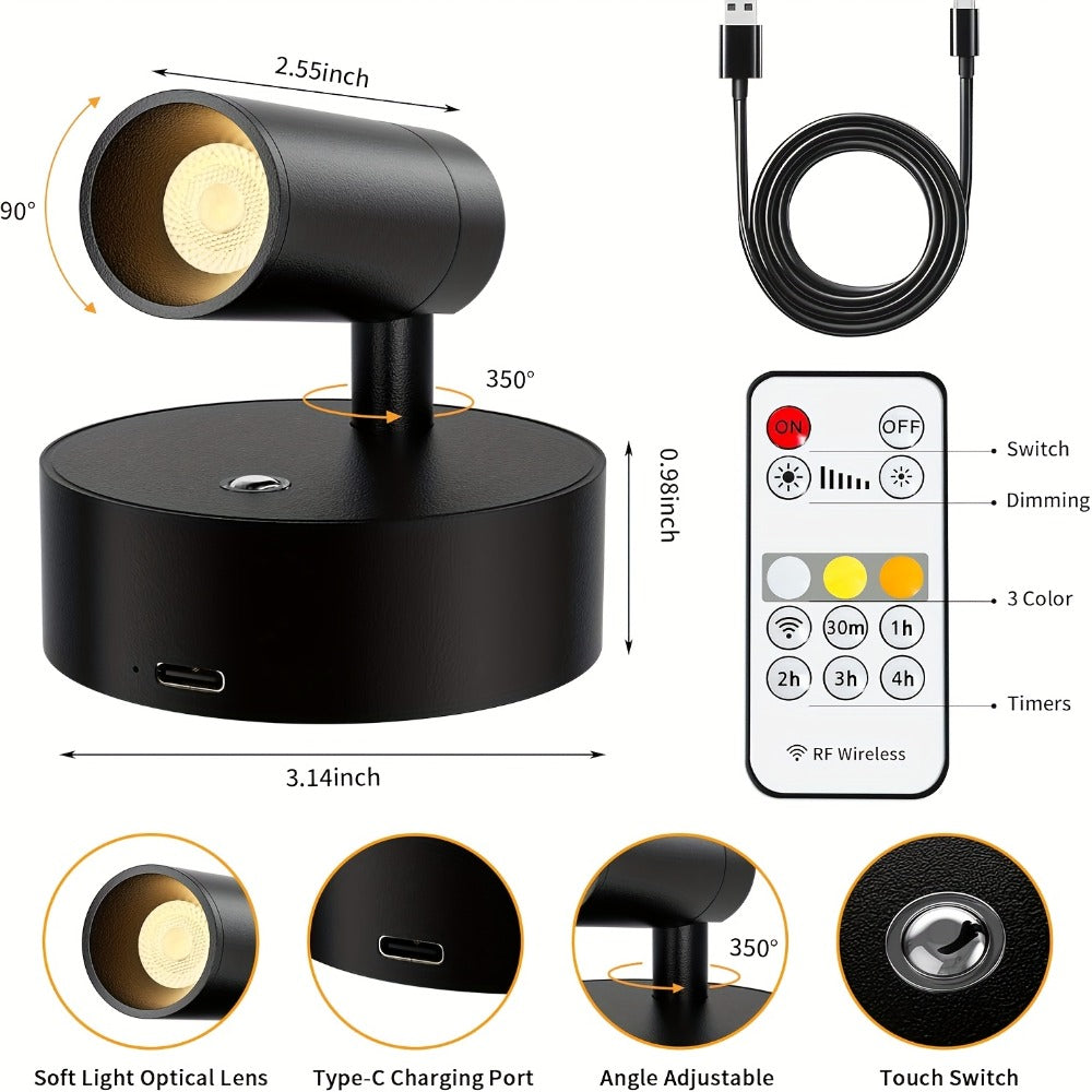 Rechargeable Indoor Spotlight LED, 3-Color Dimmable with Remote & Timer, 350° Adjustable, 2500mAh Battery