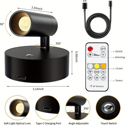 Rechargeable Indoor Spotlight LED, 3-Color Dimmable with Remote & Timer, 350° Adjustable, 2500mAh Battery
