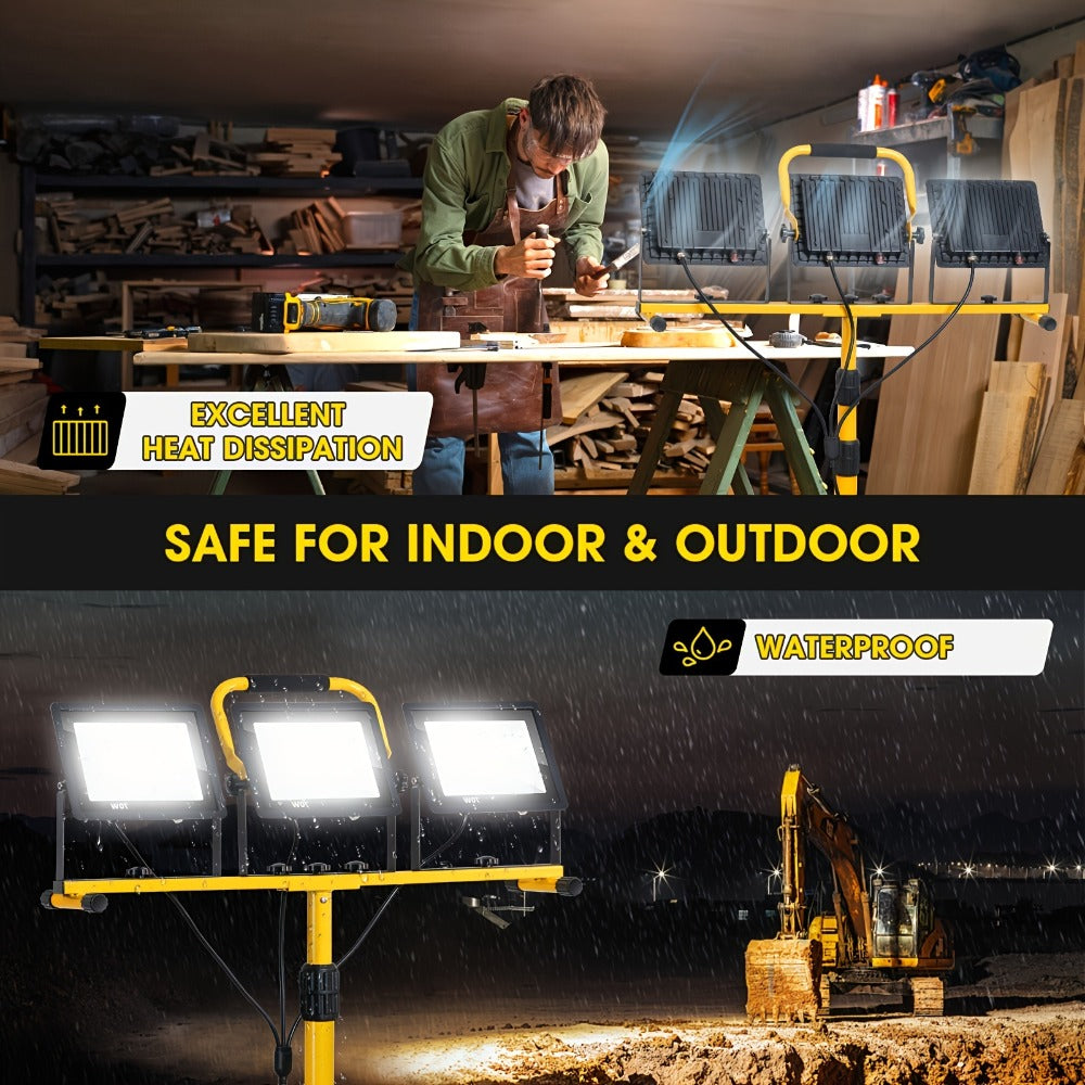 Three-Head Yellow LED Tripod Work Light with Detachable Lamps, Adjustable Stand and 16.5-Foot Cord