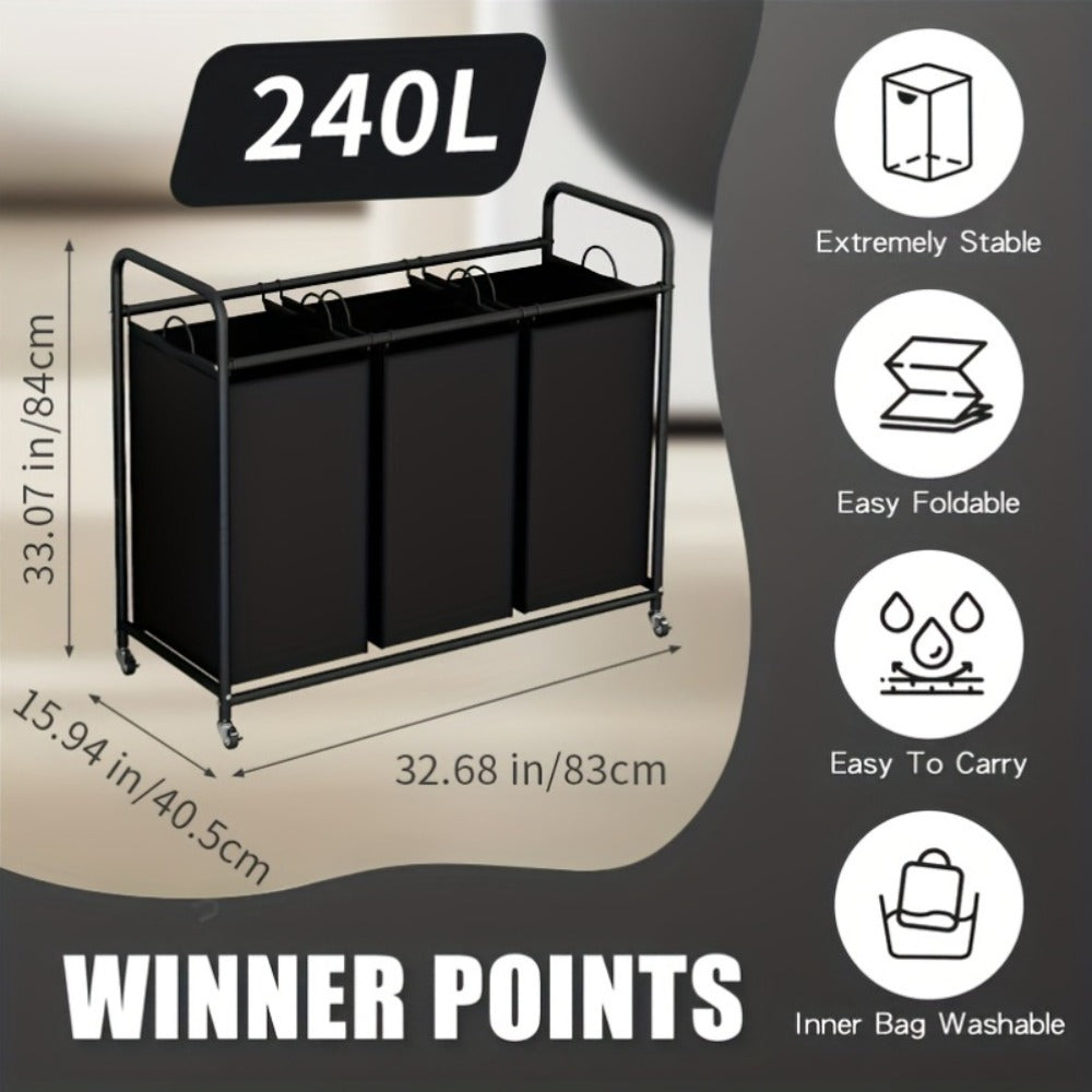 3-Bag Laundry Sorter Cart 63.4 Gallon, Rolling Hamper with Lockable Wheels & Removable Bags