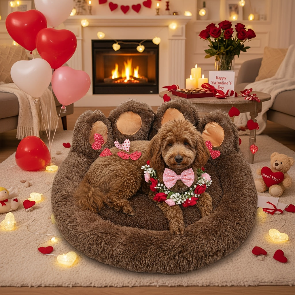 Dog Bed Cat Bed Bear Paw Shaped Donut – Calming Round Plush Pet Mattress, Warm & Soft Cuddler Bed for Dogs and Cats, Includes Pet Scarf