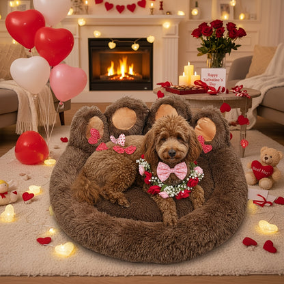 Dog Bed Cat Bed Bear Paw Shaped Donut – Calming Round Plush Pet Mattress, Warm & Soft Cuddler Bed for Dogs and Cats, Includes Pet Scarf