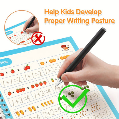 Magic Grooved Handwriting Practice Book for Kids Ages 3-8 – Reusable 5-in-1 Tracing Workbook for Letters Numbers Drawing Math