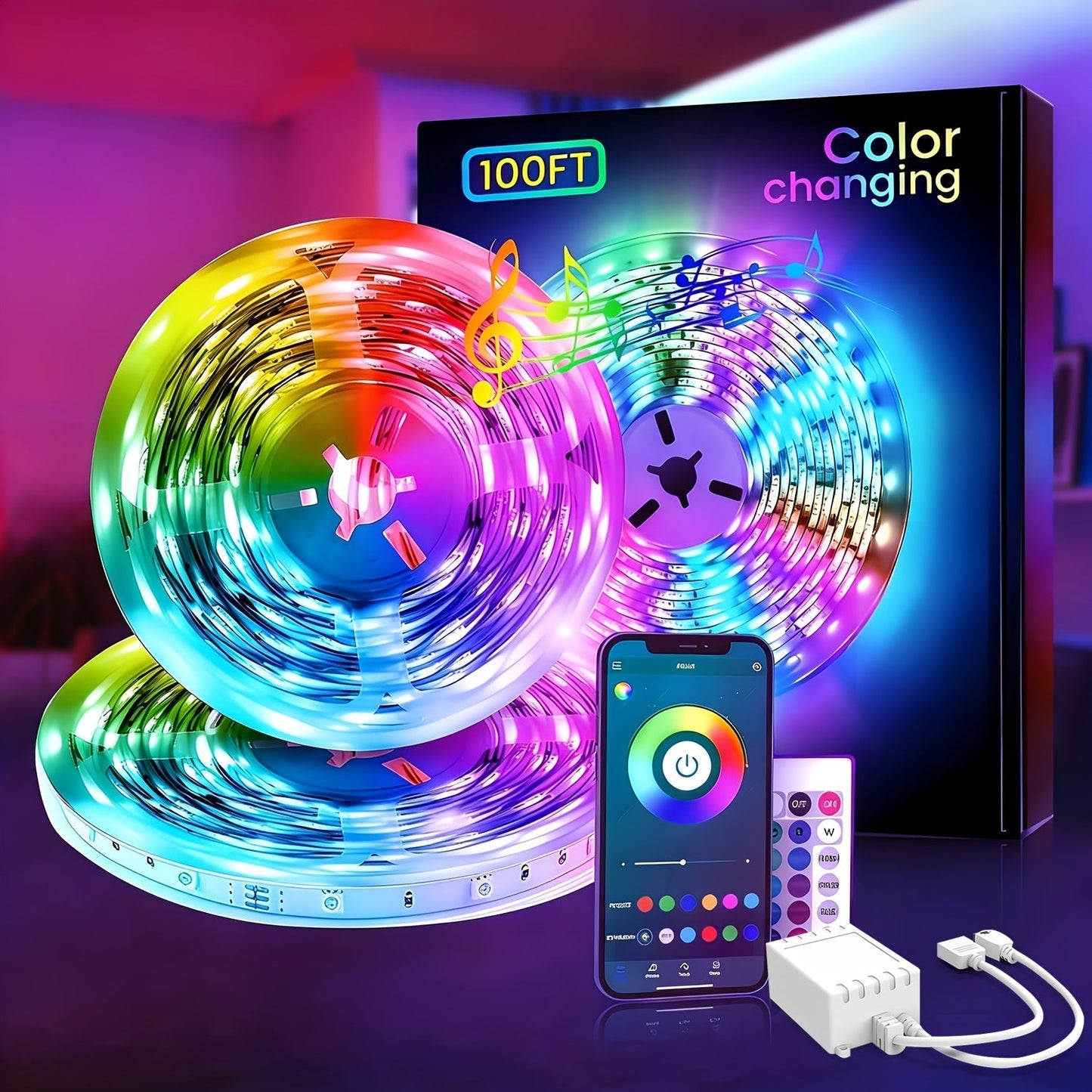 RGB LED Light Strip 50ft 100ft 130ft 16 Million Colors Music Sync, App & 24-Key Remote Control, Color Changing LED Strips for Bedroom