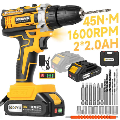 Cordless Impact Drill Set 12V / 21V Electric Drill Kit, 45Nm Torque, 2-Speed, Keyless Chuck, LED Light