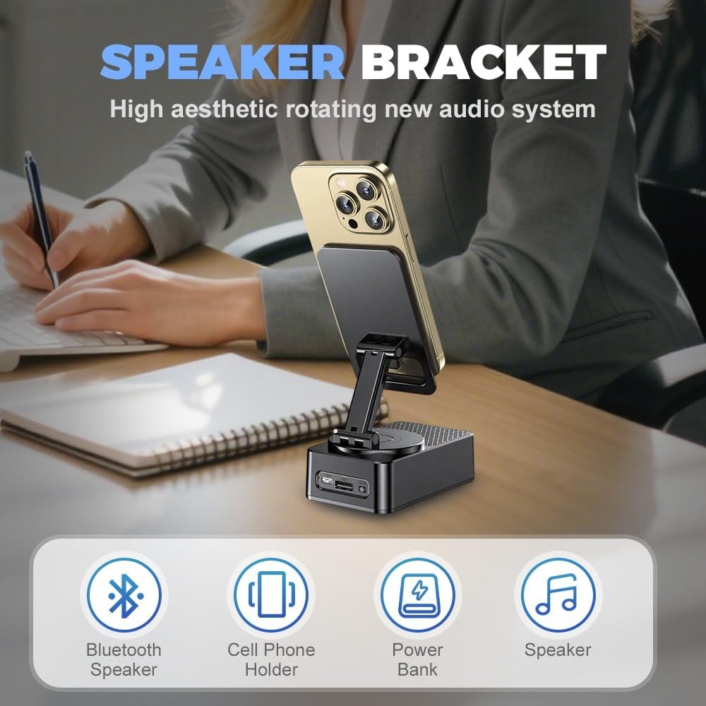 Induction Wireless Speaker Phone Holder Stand 3-in-1, Foldable Tabletop Mount with Stereo Bass Amplifier