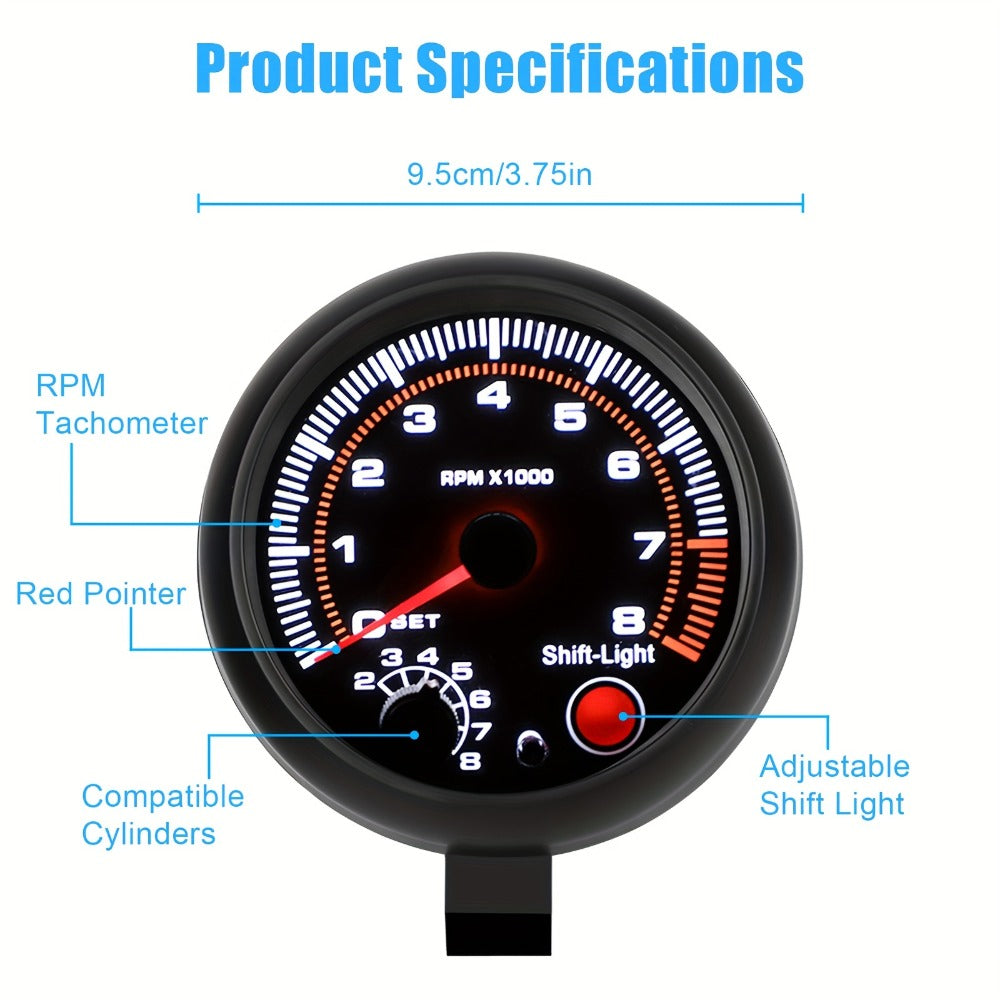 Car Tachometer Gauge 12V 0-8000 RPM 3.75 Inch – LED Shift Light, ABS Black Dial for 4 6 8 Cylinder Petrol Engines