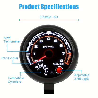 Car Tachometer Gauge 12V 0-8000 RPM 3.75 Inch – LED Shift Light, ABS Black Dial for 4 6 8 Cylinder Petrol Engines