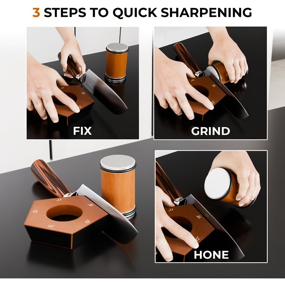 Rolling Knife Sharpener with Two-Angle or Five-Sided Magnetic Base Options in Wood Finish Design