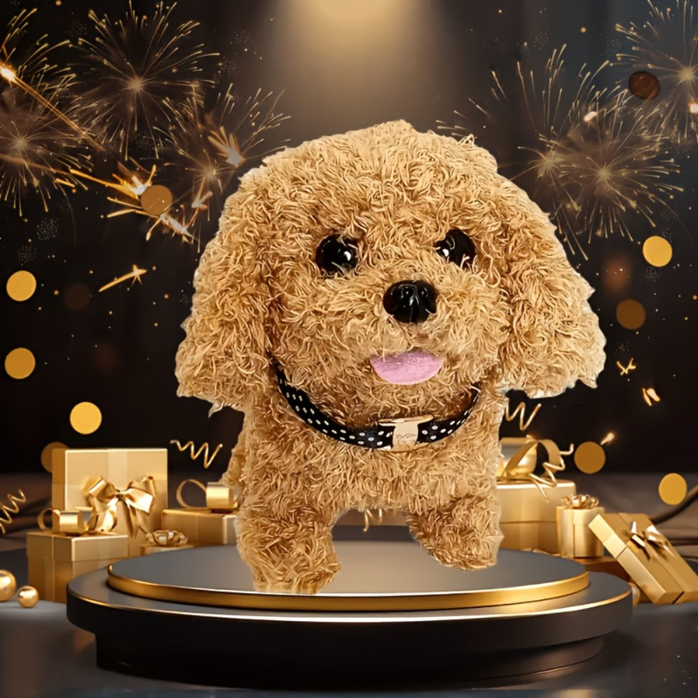 Simulation Puppy Robot Electric Interactive Dog Toy, Auto Walking, Barking & Tail Wagging, Plush Biomimetic Pet with Dog Bone Accessory