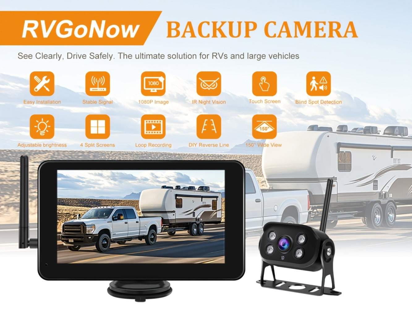 RV Backup Camera Wireless System – 7" HD 1080P Touchscreen Monitor, Night Vision, BSD Blind Spot Detection, 4-Channel, Furrion Compatible
