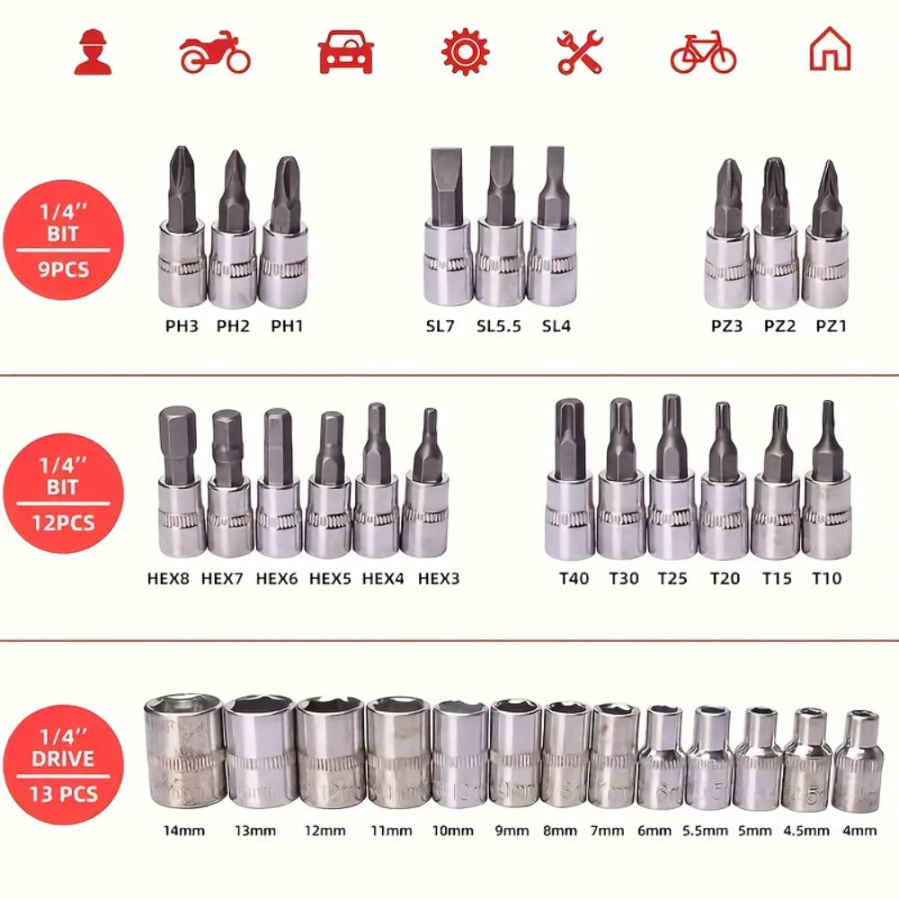 Ratchet Socket Wrench Set 50 & 55-Piece – Professional Boxed Tool Kit for Auto, Bicycle & Machinery Maintenance Racing-Grade Parts
