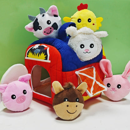 Farm Playset Baby Toy with 6 Plush Animals, Barn, Rattle, Crinkle & Mirror, Portable Sensory Learning Toy for Babies & Toddlers