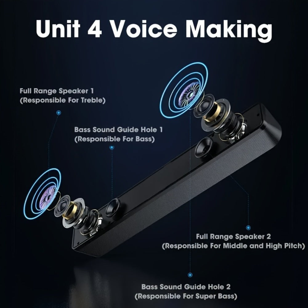 USB Wired Desktop Speaker Bar with 4D Audio Effect & Blue LED - Stereo Sound, 3.5mm AUX Input, Independent Volume Control