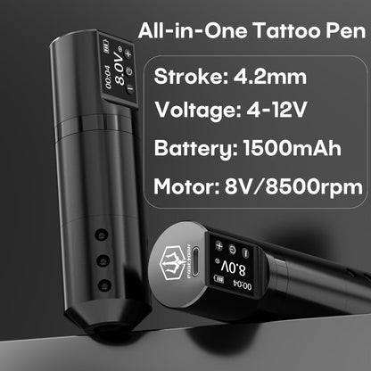 Wireless Tattoo Machine Kit Complete - POSEIDON V5 Rotary Pen with LCD Screen 1500mAh for Temporary Body Art, Festivals and Costumes