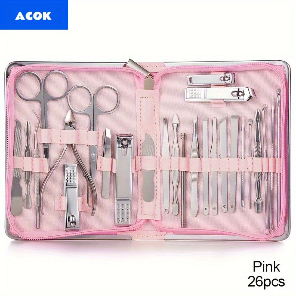 Manicure Pedicure Set 26pcs Pink Stainless Steel – Precision Nail Clippers Cuticle Nipper & Dead Skin Scissors 45° Blade Professional