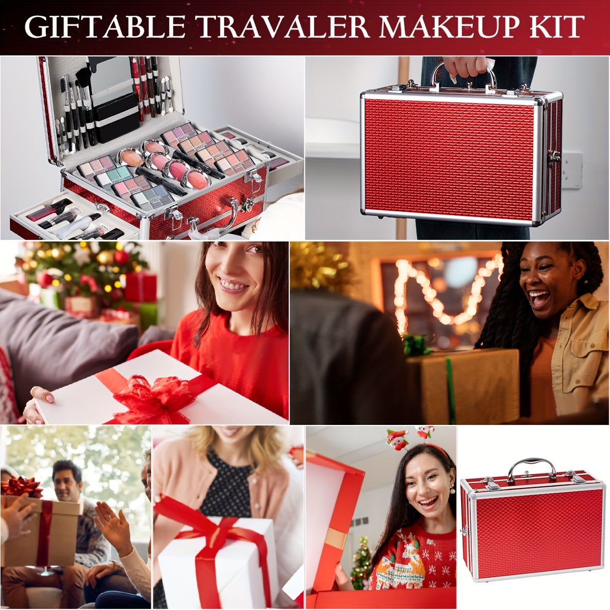 Makeup Kit in Handled Aluminum-Style Travel Case with Mirror, Tiered Trays and Silvery or Red Finish