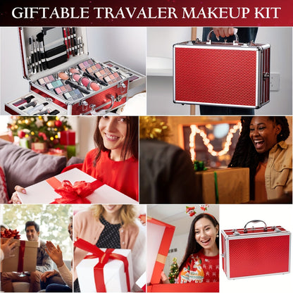 Makeup Kit in Handled Aluminum-Style Travel Case with Mirror, Tiered Trays and Silvery or Red Finish