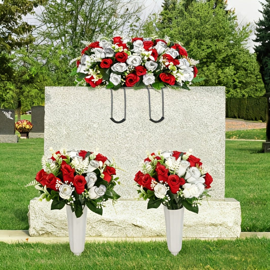 Artificial Cemetery Flowers for Grave with Saddle, Silk Rose Bouquet Headstone Decoration, Memorial Day Grave Flowers