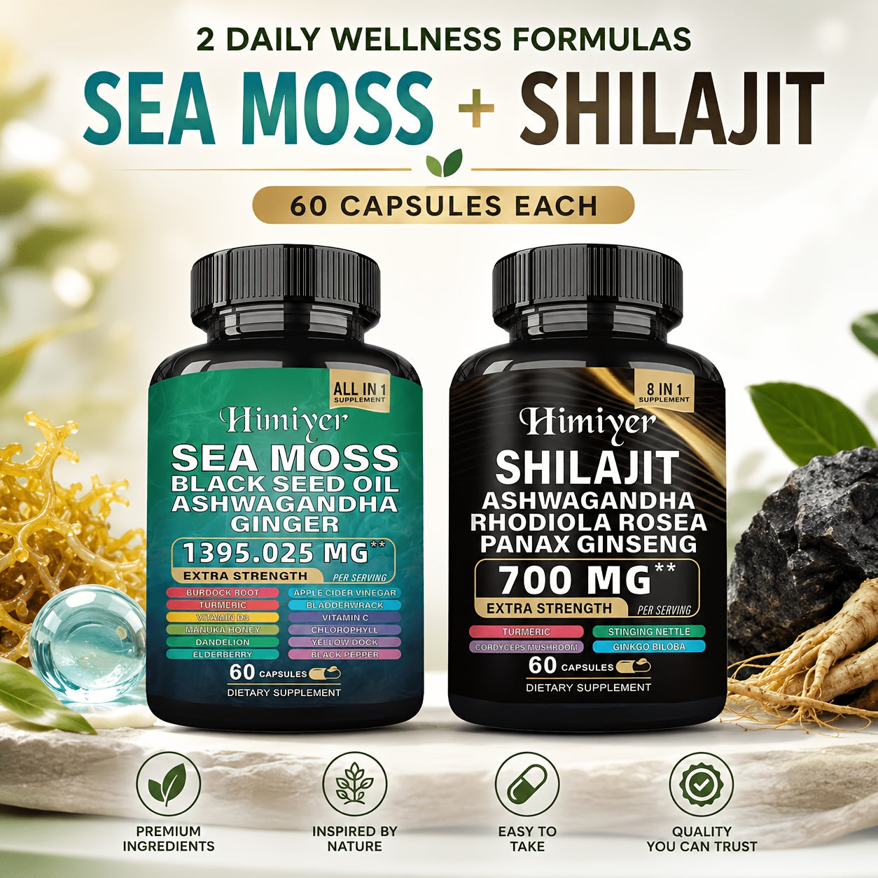 Sea Moss and Shilajit Capsule Supplements in 60-Count Bottles with One- to Six-Bottle Options