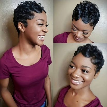 4-Inch Finger Wave Pixie Human Hair Wig with 180% Density, Rose Net Cap and 1B or 613 Color