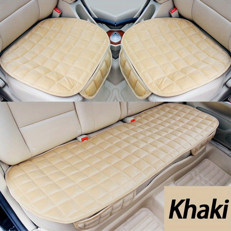 Plush Plaid Car Seat Cushion Set with Memory Foam Fill, Black or Khaki and Front-Pair, Rear-Pad or Three-Piece Options