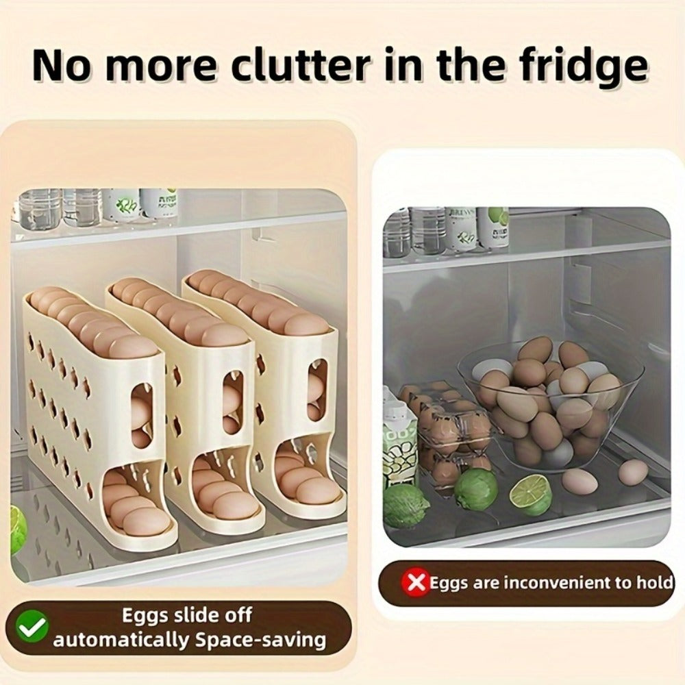 Egg Dispenser Kitchen Organizer 4-Tier Auto-Rolling PP Rack for Refrigerator, Cabinet or Countertop