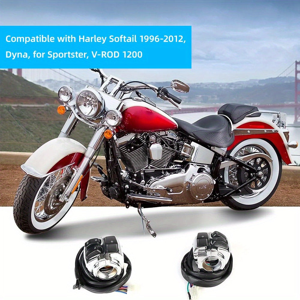 Harley Davidson Handlebar Control Switches with Wiring Harness, Chrome 1-Inch Left & Right Switch Kit for Sportster Softail Dyna V-ROD