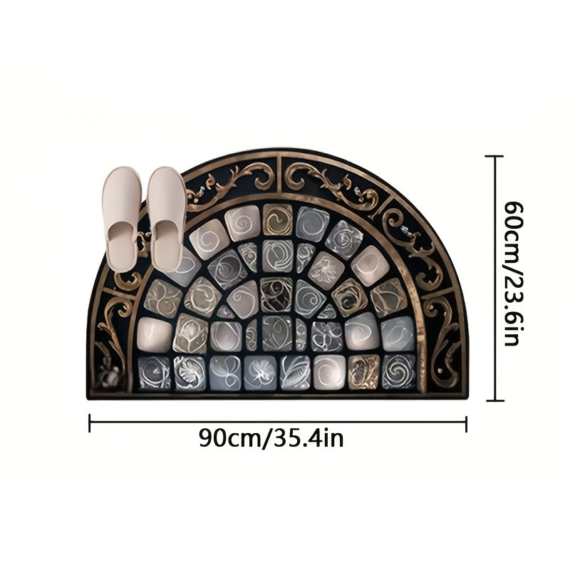Half-Round Door Mat with Stone Mosaic and Scroll Print in 50 x 80cm or 60 x 90cm Entryway Sizes