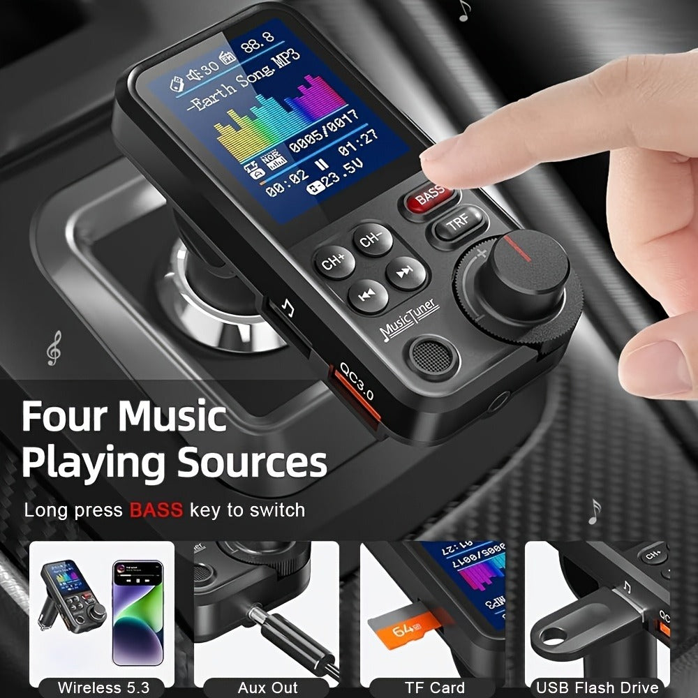 Car FM Transmitter with 1.8-Inch Color Screen, Rotary Control, AUX Port and Four Audio Sources