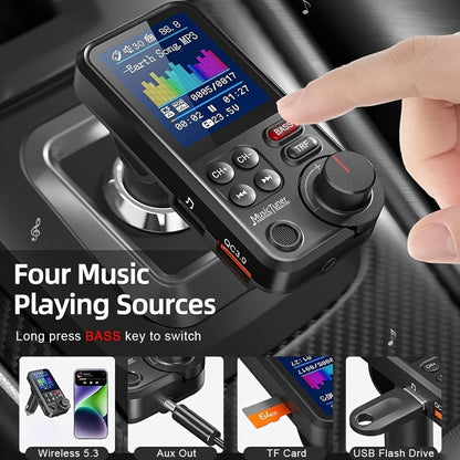 Car FM Transmitter with 1.8-Inch Color Screen, Rotary Control, AUX Port and Four Audio Sources