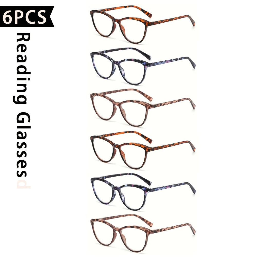 Reading Glasses – Six-Pair Floral Cat-Eye Reader Set with Spring Hinges in Seven Strengths