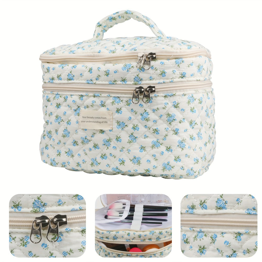 Makeup Bag Three-Piece Quilted Cotton Dual-Layer Floral Pouch Set for Travel, Vanity and Everyday Beauty Storage