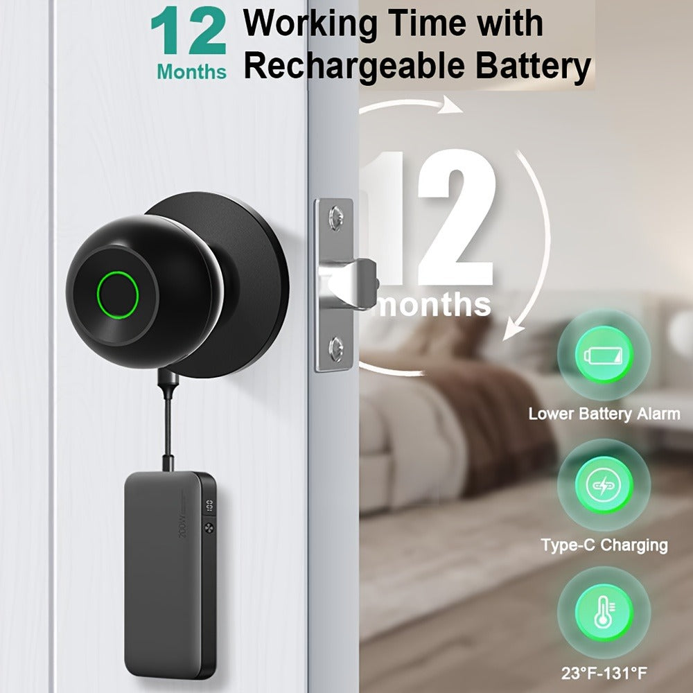 K10 Rechargeable Smart Door Knob with Fingerprint & App Control – 3-in-1 Keyless Entry, Entrance/Passage/Privacy Mode