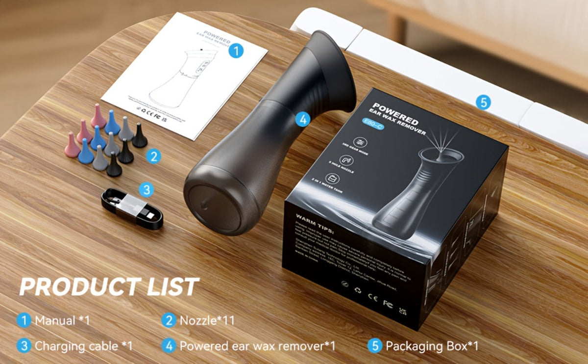 Electric Ear Wax Remover Rechargeable - LED Battery Display, 3 Pressure Levels, Integrated Waste Water Tank
