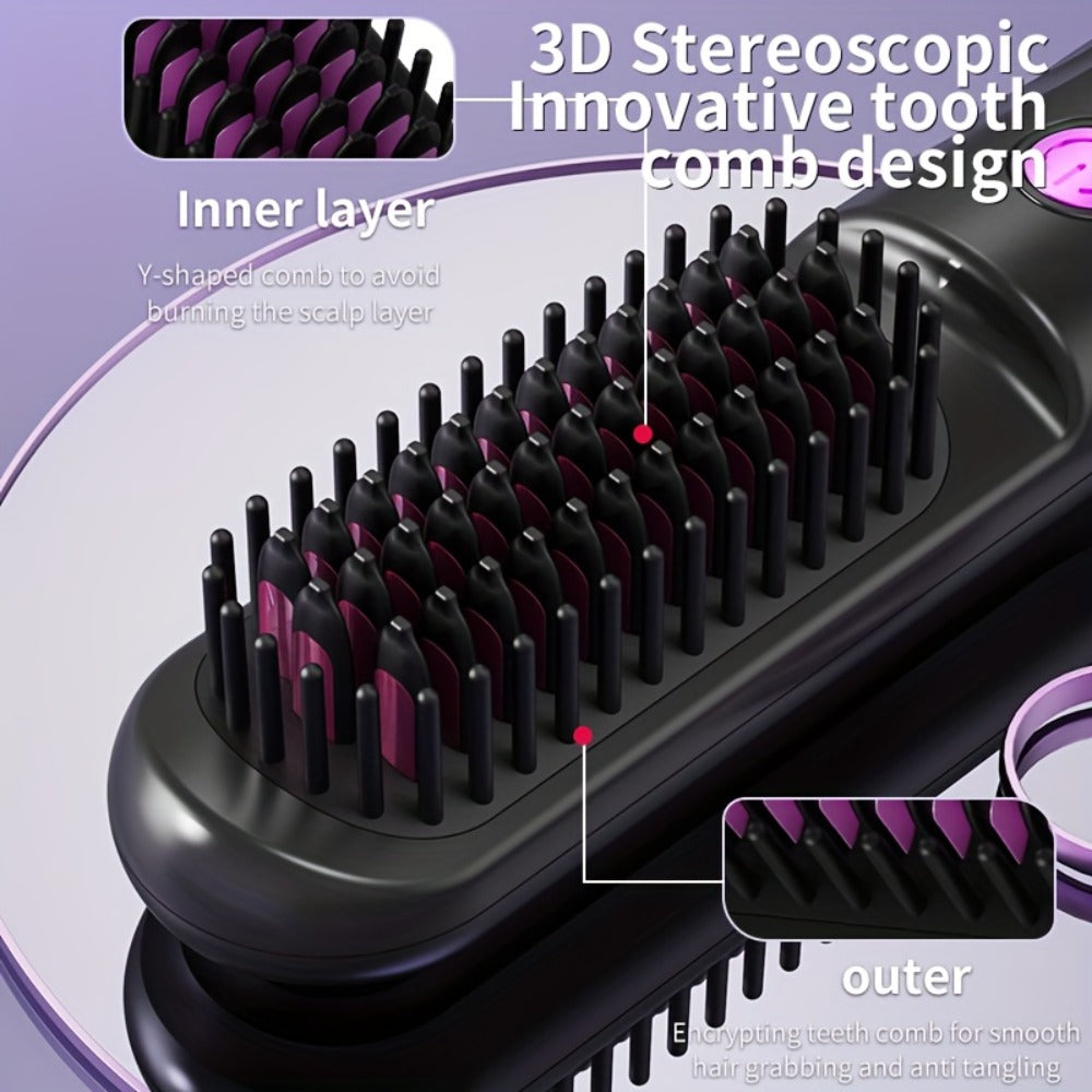 Wireless Hair Straightener Comb - Portable Cordless Straightening Brush with 3-Min Fast Heat, 3 Temp Settings 170-190°C