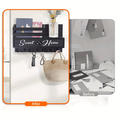 Key Holder for Wall with Drawer 8 Hooks, Rustic Wood Wall Mounted Key & Mail Organizer for Entryway