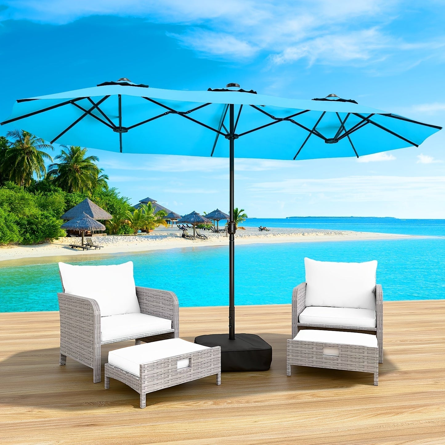Patio Umbrella 15x7.5FT Double-Sided Style with Crank and Four Blue, Red, Khaki or Lake-Blue Options