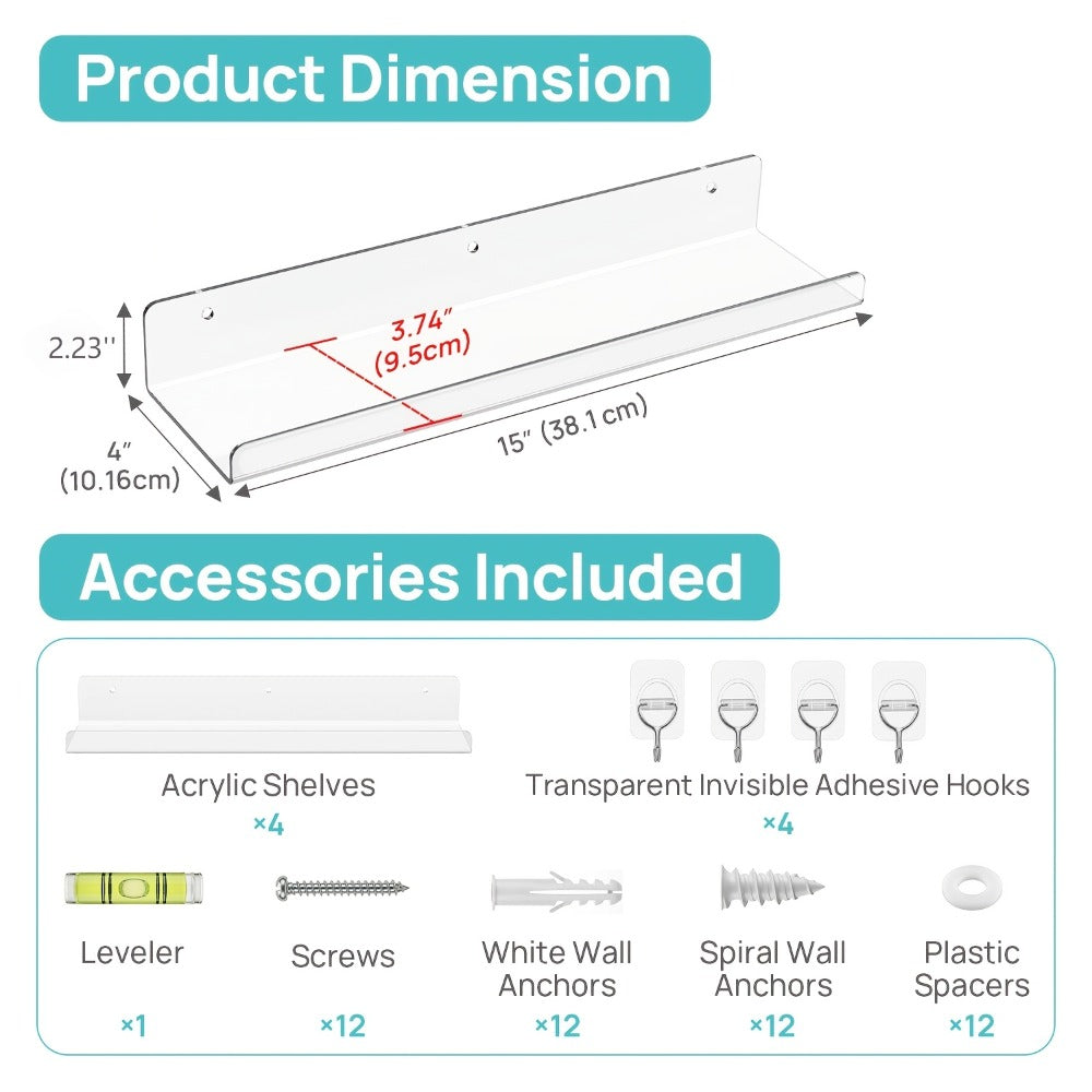 Acrylic Floating Shelves for Wall 4-Pack with 4 Hooks, Clear Wall Mounted Display Shelf Organizer
