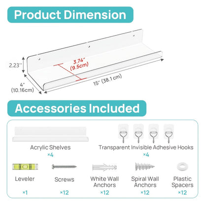 Acrylic Floating Shelves for Wall 4-Pack with 4 Hooks, Clear Wall Mounted Display Shelf Organizer