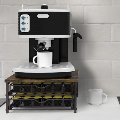 K-Cup Coffee Pod Holder 72 Capacity – 2-Tier Sliding Drawer Coffee Pod Organizer with Wood Top & Metal Frame, Non-Slip Base