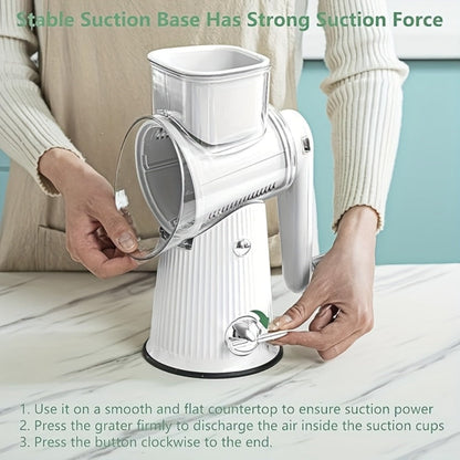 Rotary Cheese Grater with Interchangeable Blades, 5-in-1 Manual Vegetable Slicer Shredder Set, Suction Cup Base