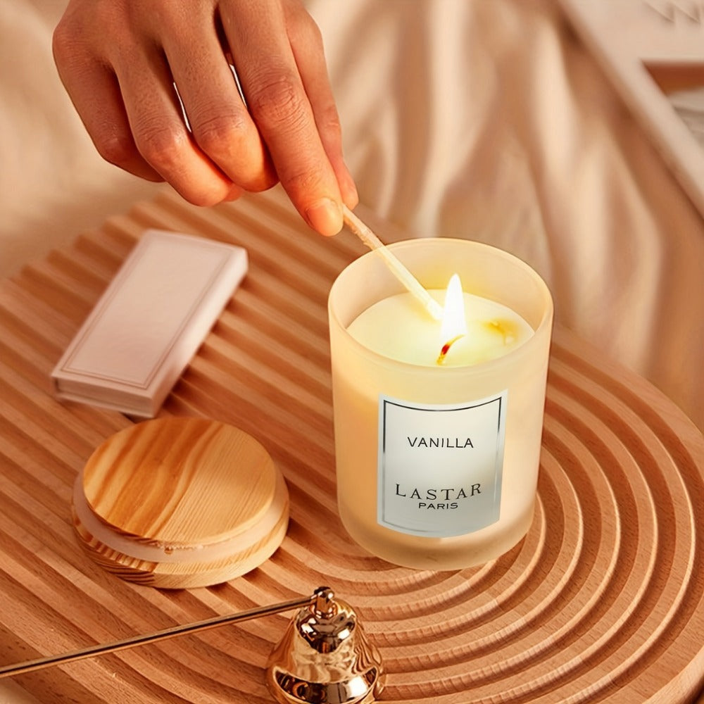 LASTAR Vanilla Scented Candle, 70g Frosted Round Glass Jar with 2.4 oz Marking and Pictured Carton